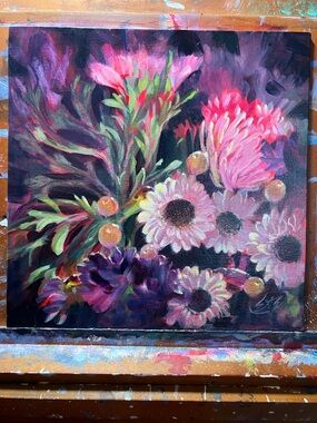 Scarab beetle bouquet original flowers painting surreal nature floral art